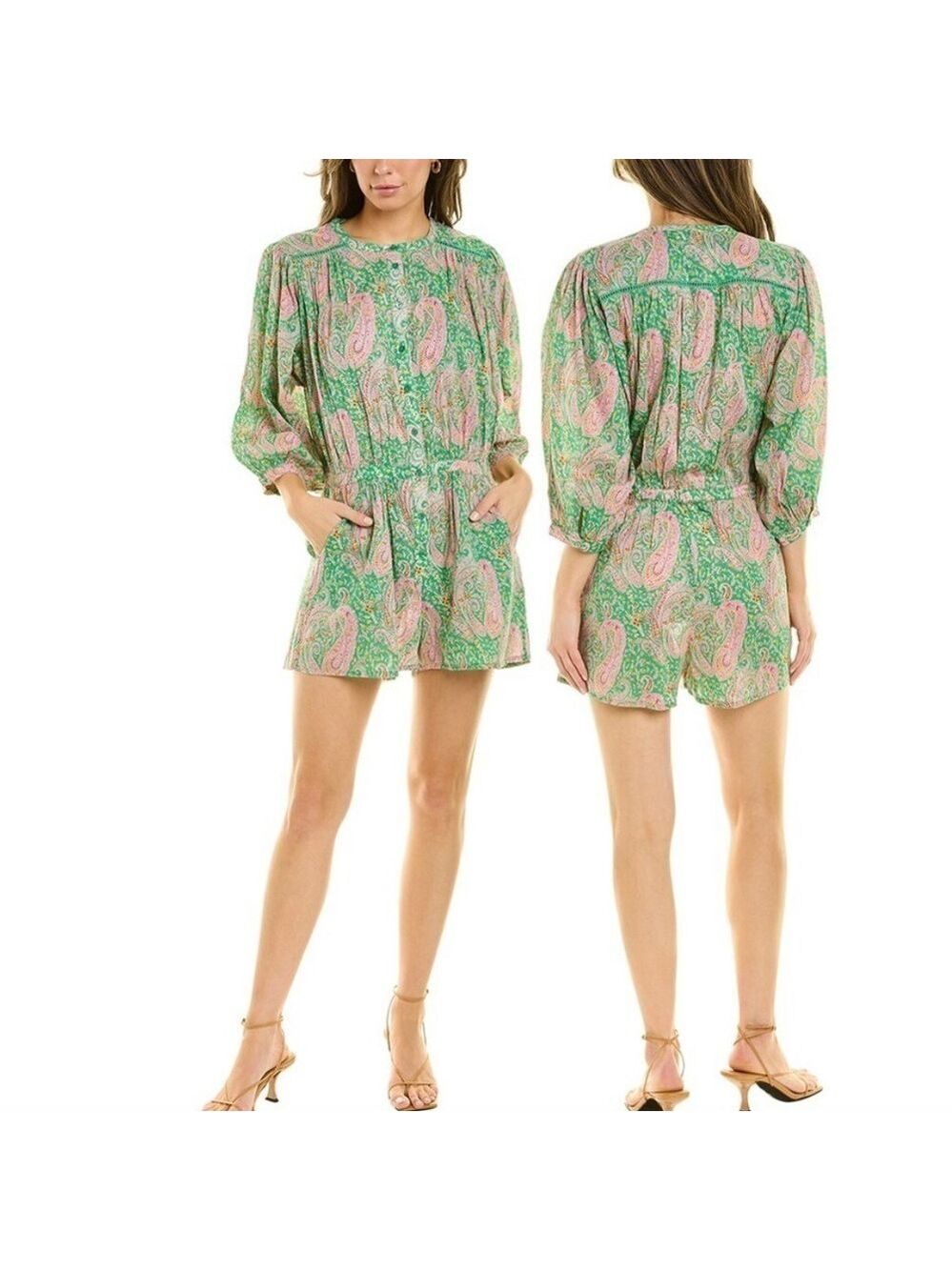 BA&SH Green Paisley Cotton Romper Boho Balloon Sleeve Festival Size S